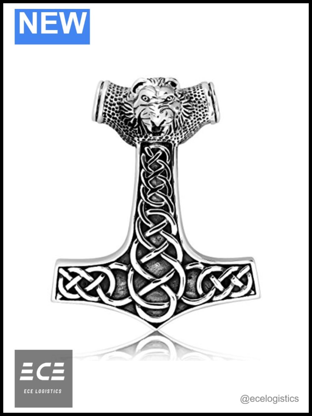 925 Sterling Silver Viking Lion Head Mjolnir Thor Hammer Pendant Necklace